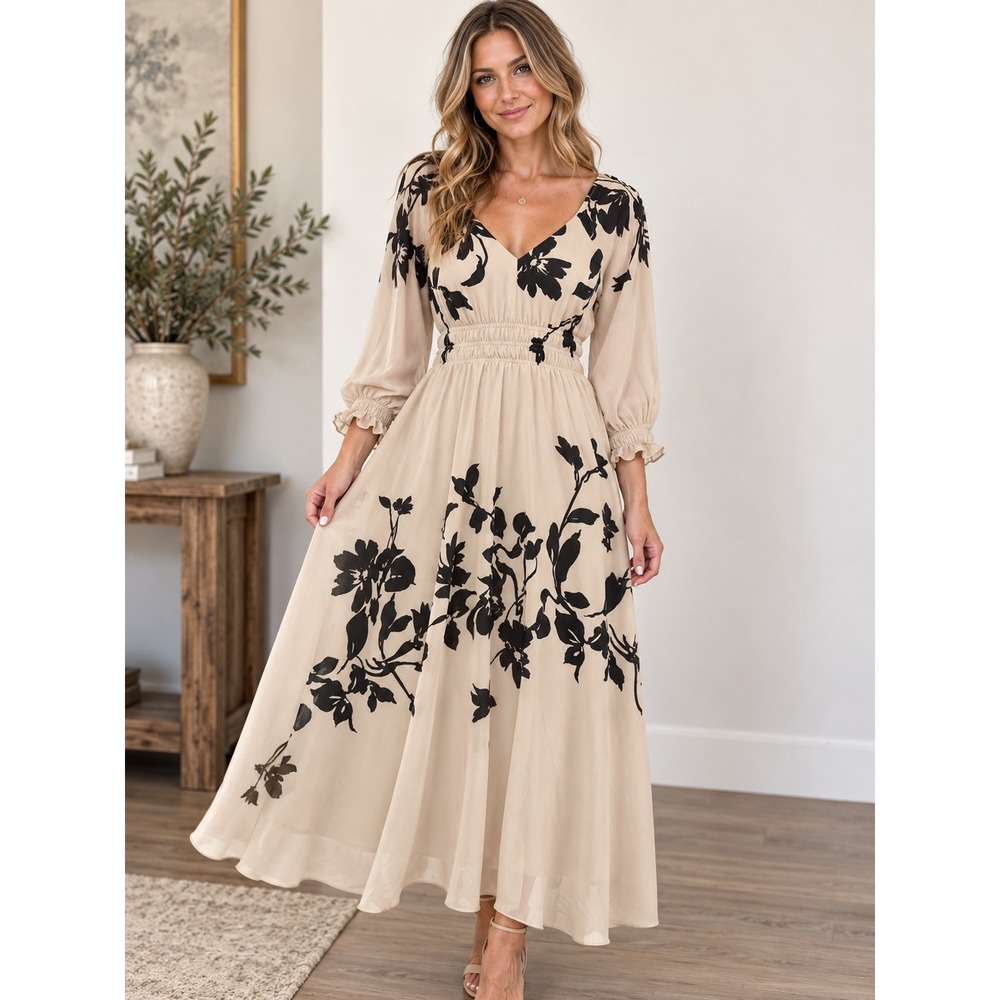 Taylor Women's Cream Black Floral Smocked Waist Maxi Dress Size 8